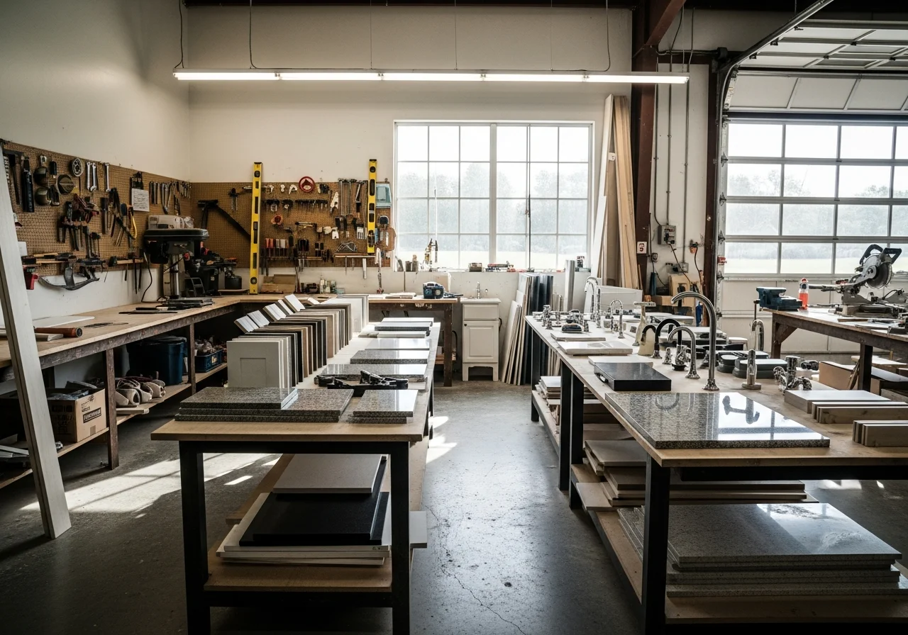 Professional remodeling crew and tools ready for home renovation work. Shop floor with cabinetry samples and construction equipment.