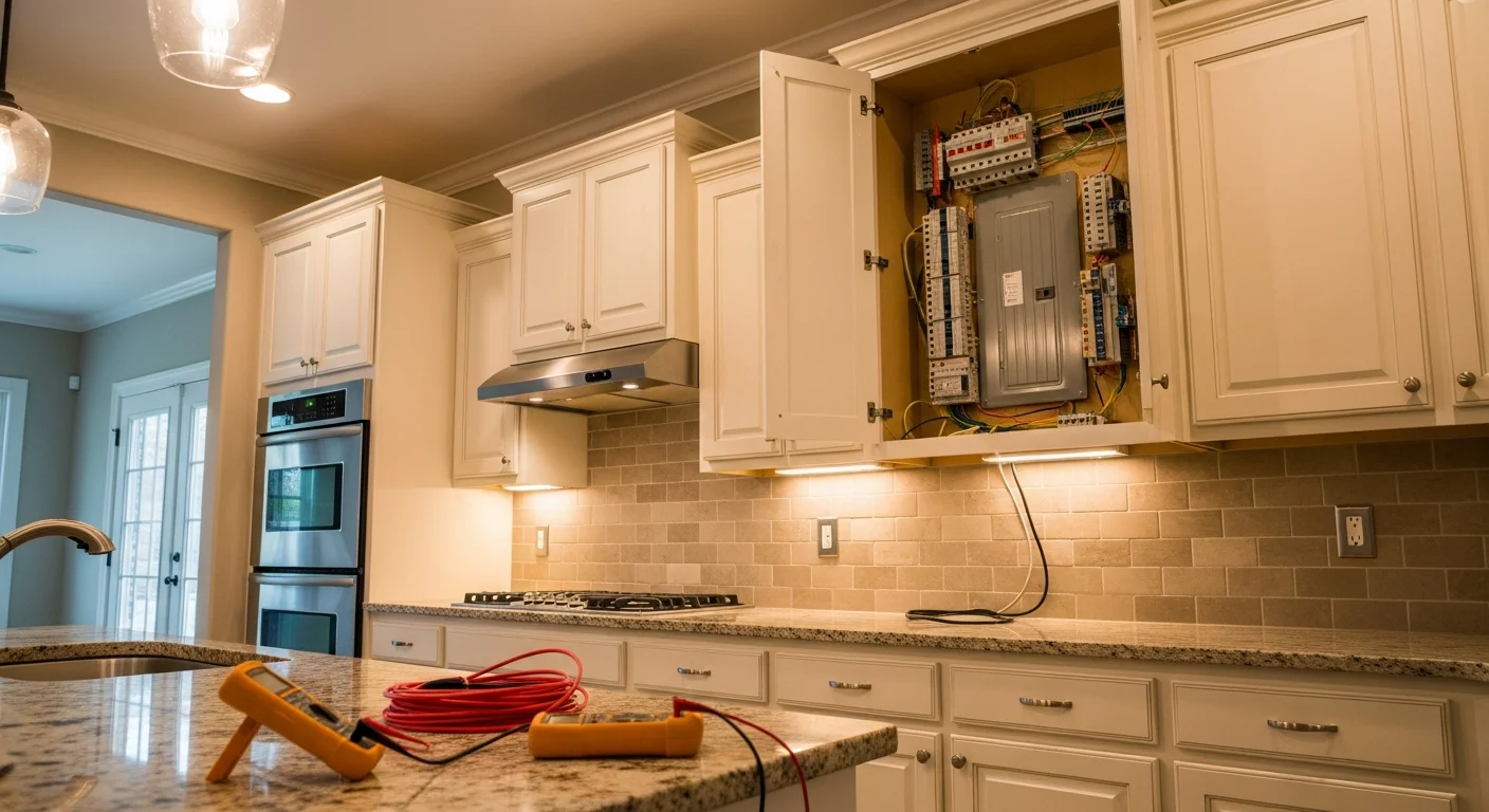 Electrician installing lighting in modern kitchen