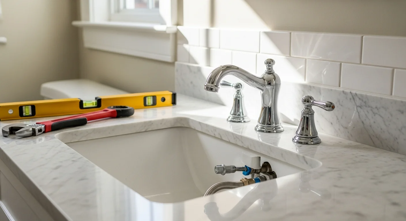 Plumber installing fixtures in modern bathroom