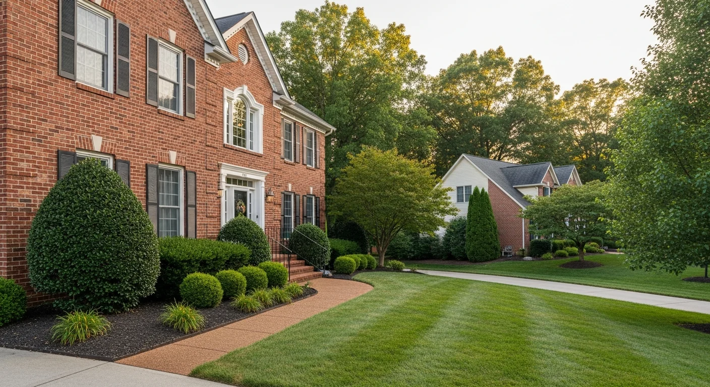 Suburban Loudoun County home with manicured landscaping and brick exterior in afternoon light.