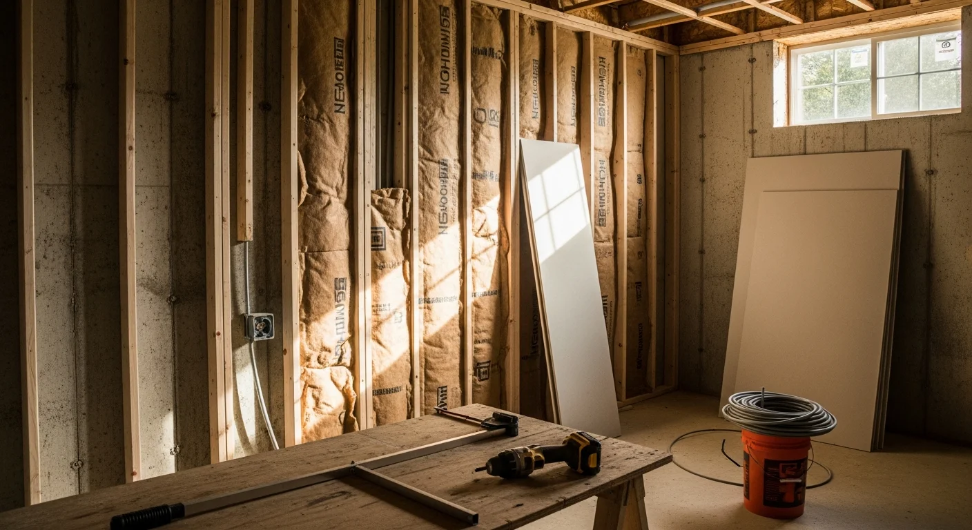 A finished basement in a Loudoun County home showing framed and drywalled walls, recessed lighting, and a carpeted floor ready for use as a living space. The space reflects code-compliant construction typical of residential general contractor work in Northern Virginia.