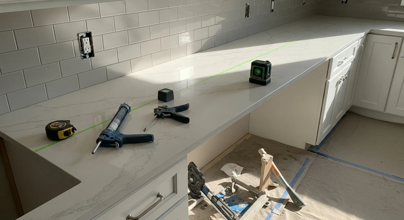 Newly installed kitchen countertop with clean edge profiles and tight seams in a Loudoun County, Virginia home. The surface runs along full-length cabinetry in an open-concept kitchen layout typical of newer Loudoun County residential construction.