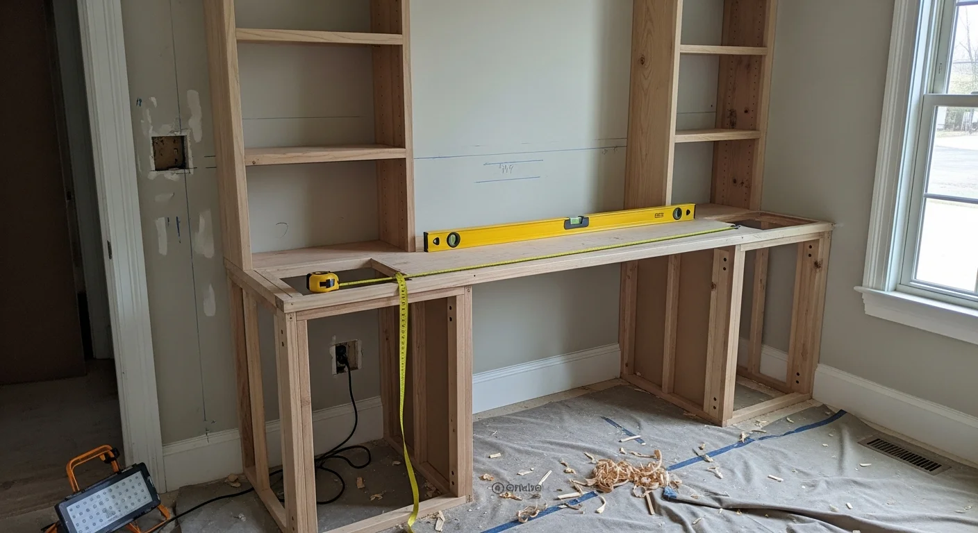 Custom built-in cabinetry installed floor-to-ceiling along a living room wall in a Loudoun County home, with open shelving, closed lower cabinets, and trim finished to match the existing baseboards and crown molding.