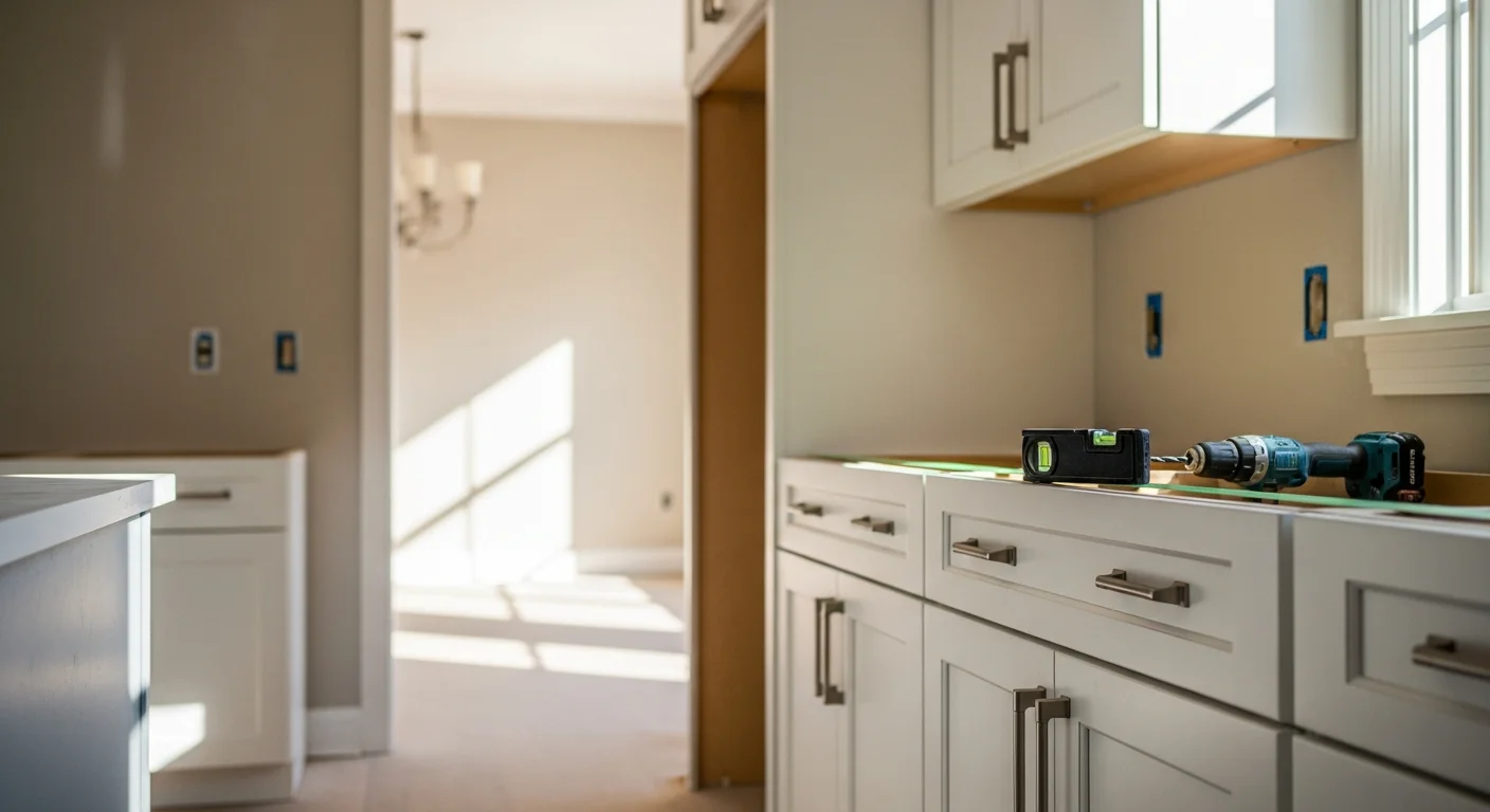Freshly installed custom kitchen cabinets in a Loudoun County home, showing upper and lower cabinet runs with aligned doors and hardware. Cabinet boxes are flush against the wall with clean scribe lines along a standard open-concept kitchen layout.