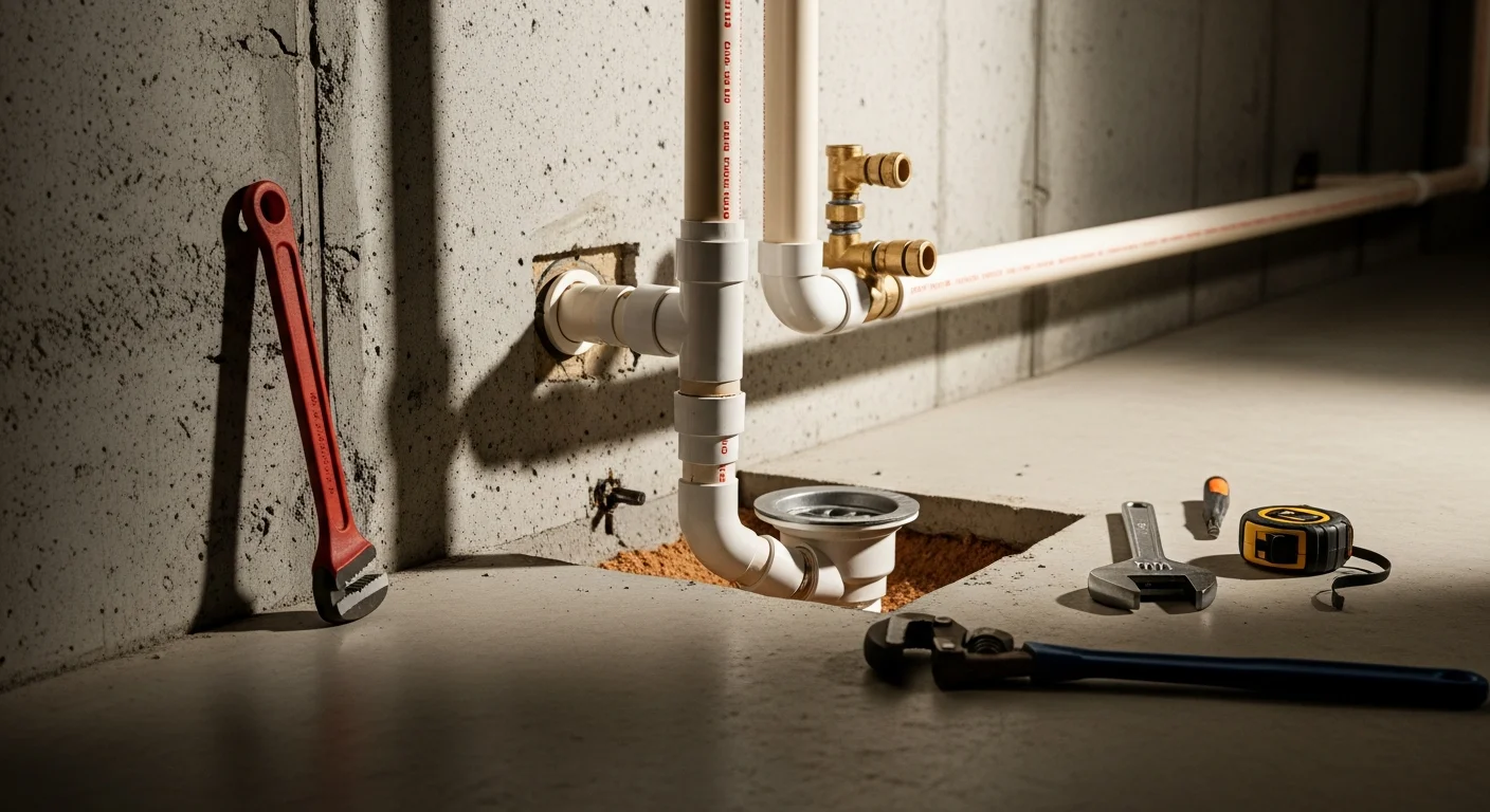A licensed plumber from Reo-ServicePro, Inc connecting a new PVC drain line beneath a basement floor in a Loudoun County, Virginia home. The trench shows clean pipe slope and a sealed hub connection ready for inspection.