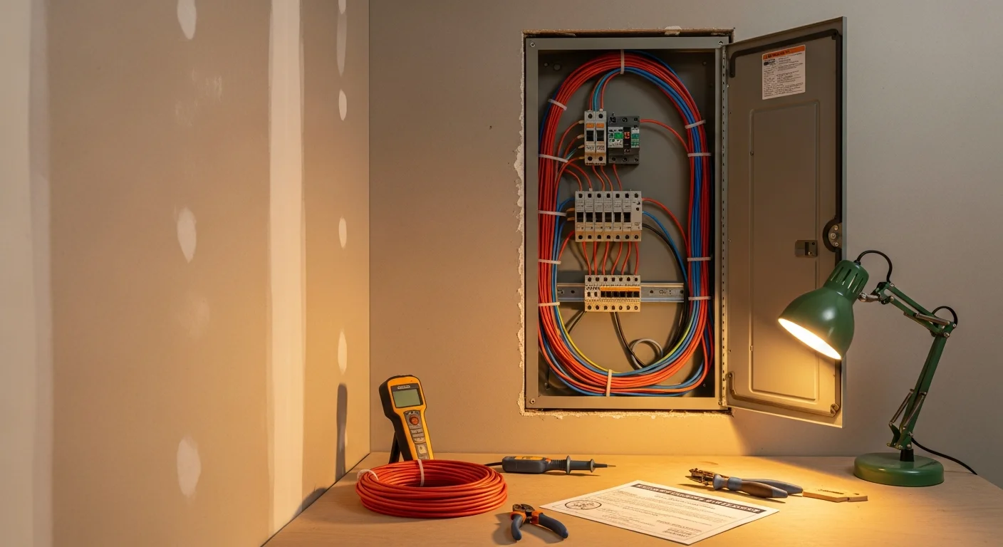 A licensed electrician from Reo-ServicePro, Inc installs new circuit wiring inside a residential panel box at a Loudoun County home. The work area shows organized wiring runs and a clearly labeled breaker panel ready for county inspection.