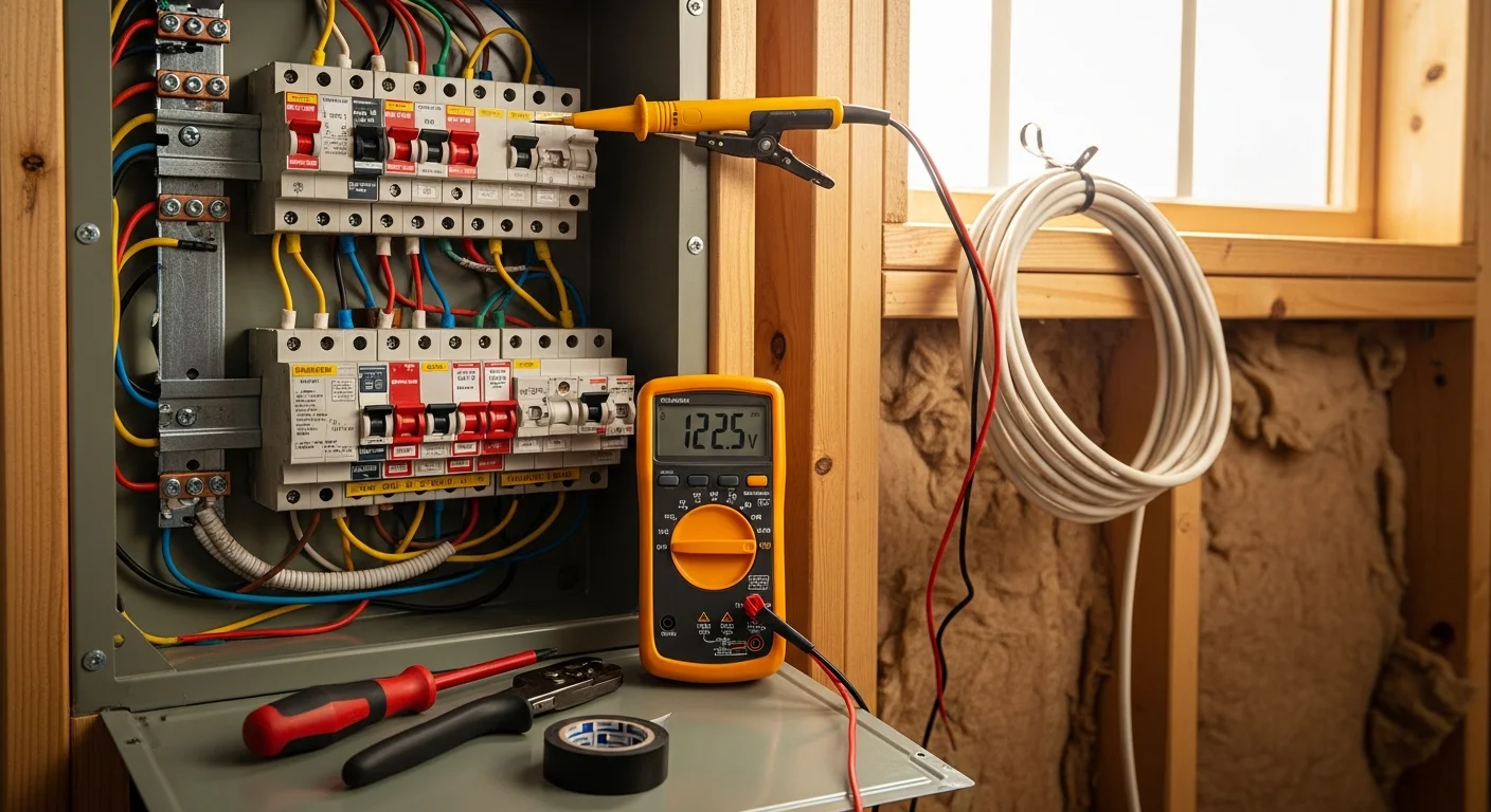 A licensed electrician from Reo-ServicePro, Inc testing a residential circuit breaker panel inside a Loudoun County, VA home. The panel is open and the electrician is using a diagnostic tool to check for faults.