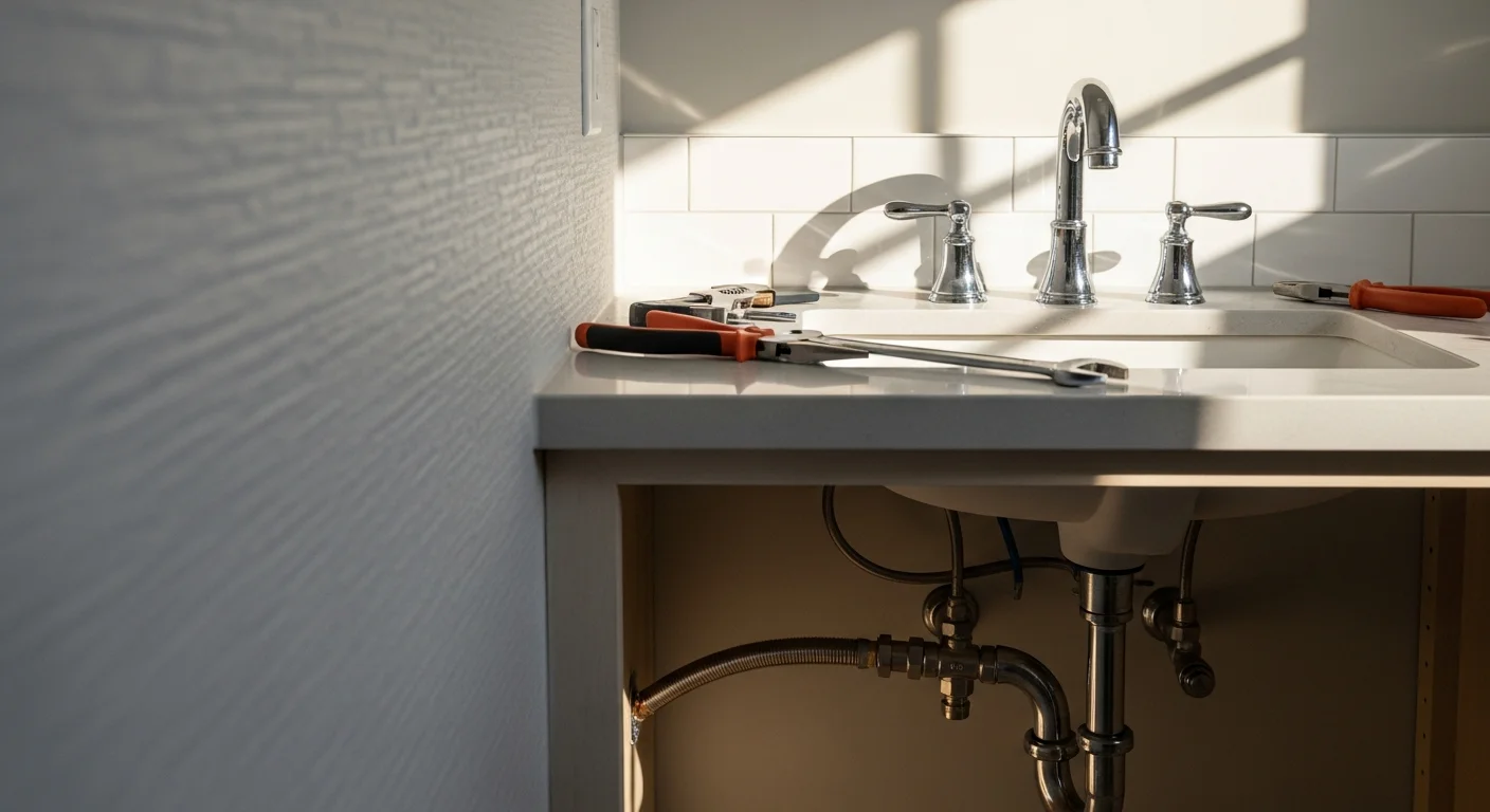 A licensed plumber from Reo-ServicePro, Inc securing a bathroom sink fixture beneath a vanity in a Loudoun County, Virginia home. The supply line connections and drain assembly are visible and properly fitted at the wall contact point.