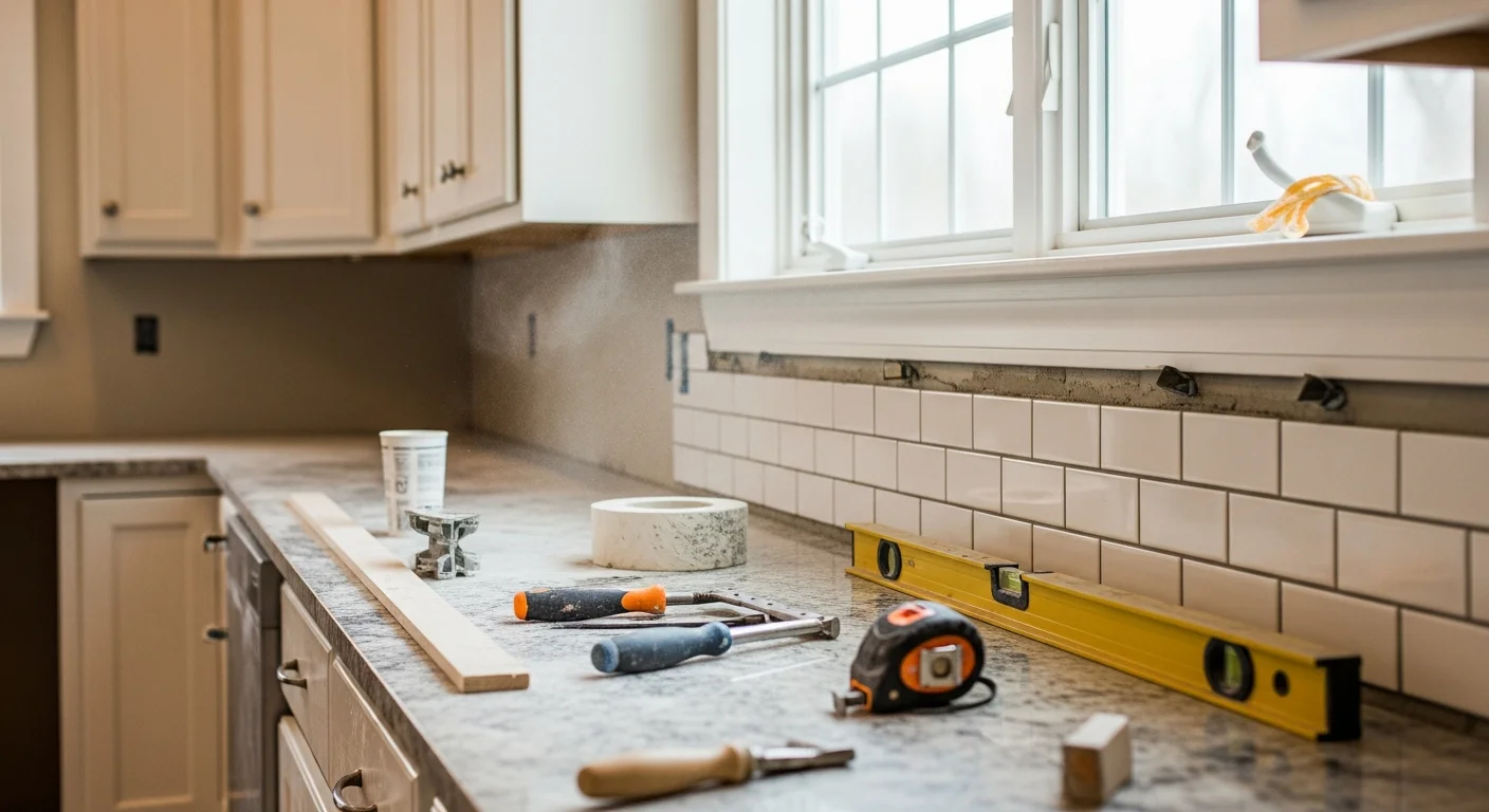 A remodeled open-concept kitchen and living area inside a Loudoun County home, showing updated cabinetry, fresh drywall, and new flooring after general contractor renovation work. The space reflects a blend of modern finishes within a traditional Northern Virginia residential property.