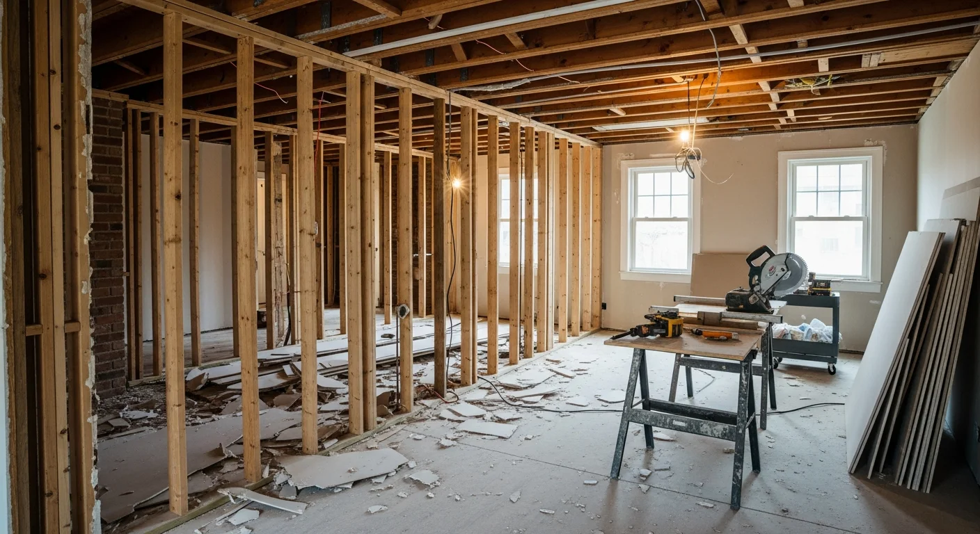 Interior demolition in progress inside a Loudoun County home, with walls stripped to the studs and debris staged for removal. A general contractor crew works in a cleared kitchen space prepared for renovation.