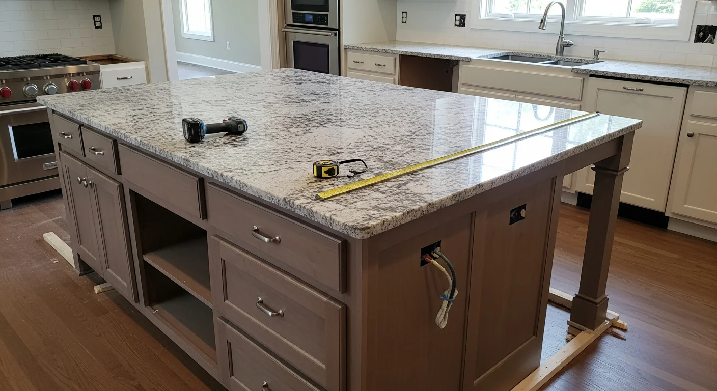 A finished kitchen island installation in a Loudoun County home, showing a built-in base with drawers, a stone countertop, and open aisle clearance on both sides. The island sits centered in an open-concept kitchen with overhead pendant lighting and matching cabinetry.