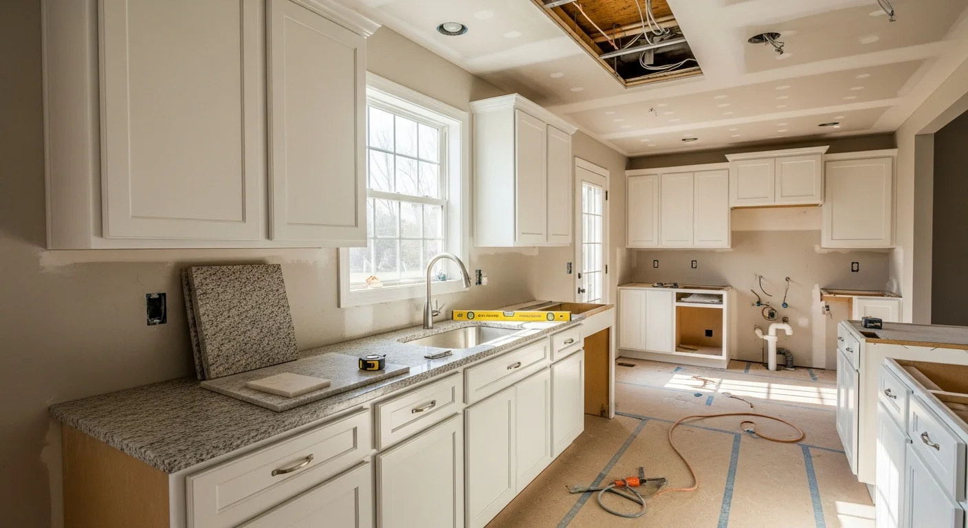 A remodeled kitchen in a Loudoun County, Virginia home featuring updated cabinetry, new countertops, and reconfigured layout. Work completed by Reo-ServicePro, Inc as part of a full kitchen remodeling project.