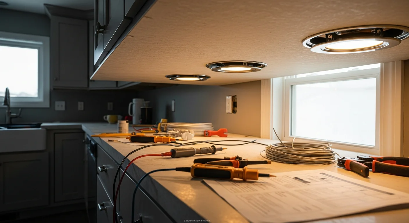 A licensed electrician from Reo-ServicePro, Inc installing a recessed light fixture in the ceiling of a Loudoun County home. The work area shows clean wiring connections and a properly mounted housing unit ready for final trim.