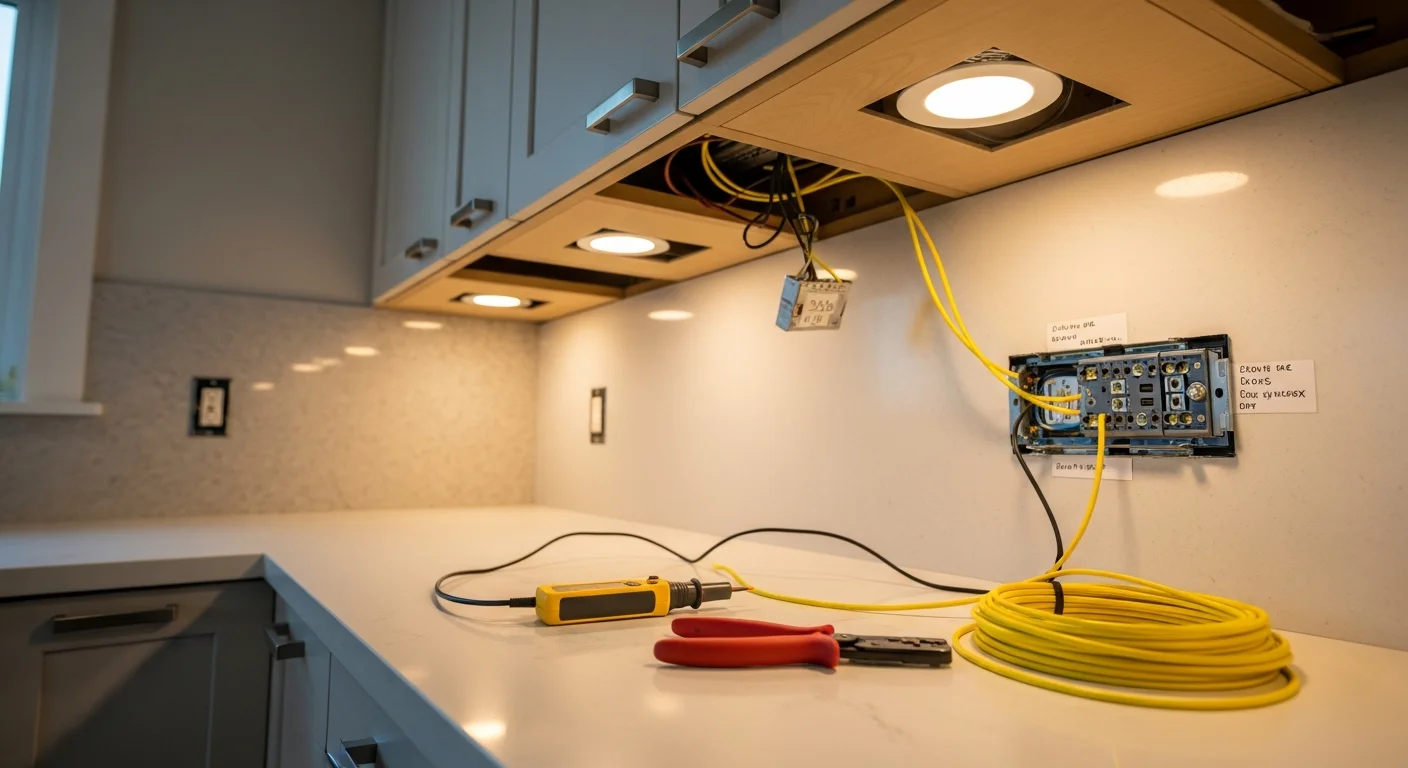 A licensed electrician from Reo-ServicePro, Inc installing recessed lighting fixtures in the ceiling of a single-family home in Loudoun County, Virginia. The finished room shows evenly spaced overhead lights with clean trim rings and no exposed wiring.