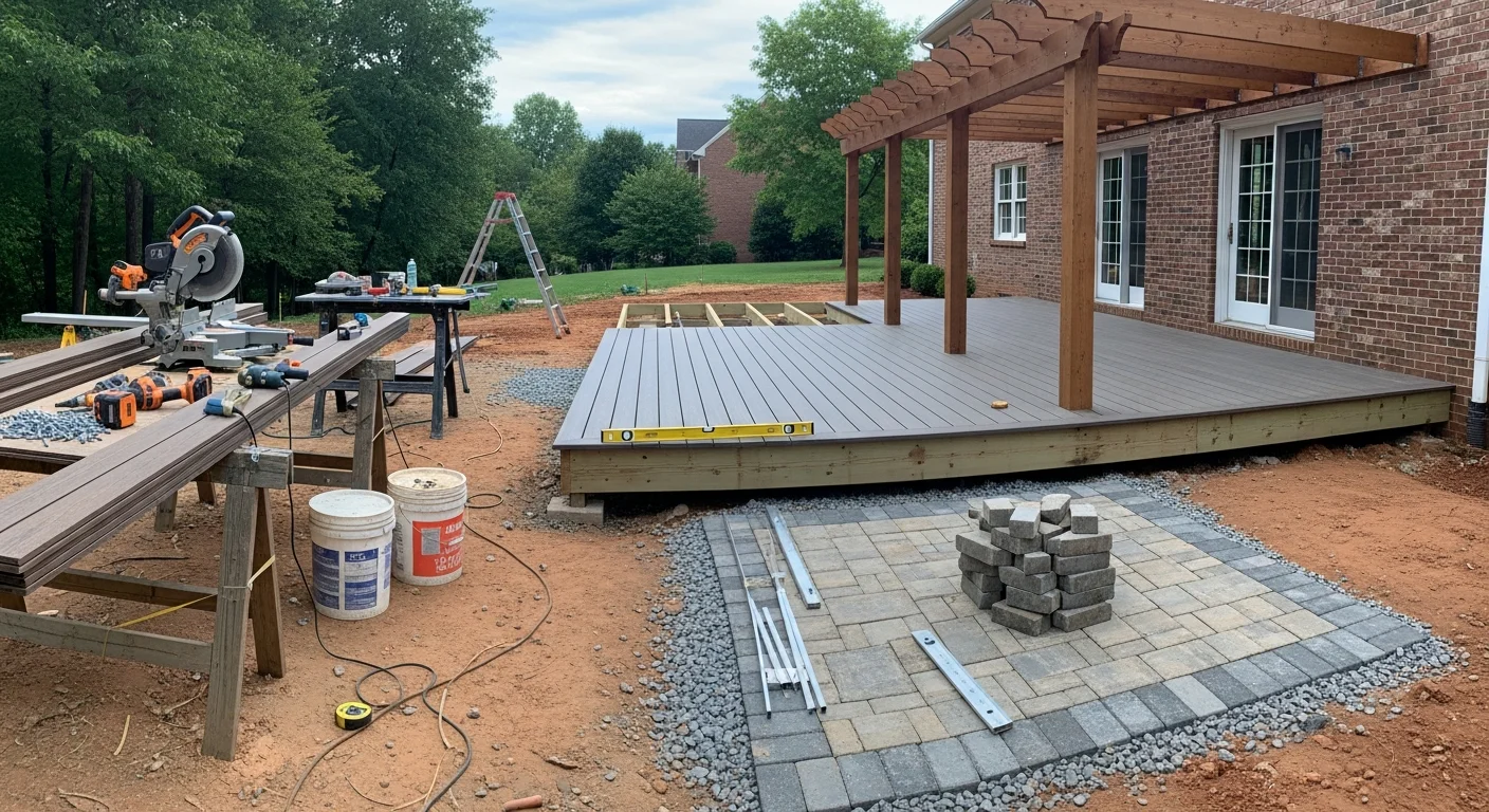 A finished backyard outdoor living space on a Loudoun County residential property, showing a wood-framed pergola over a paver patio with an attached outdoor kitchen structure. The build connects directly to the rear of a two-story home with a graded yard and privacy fencing along the property line.
