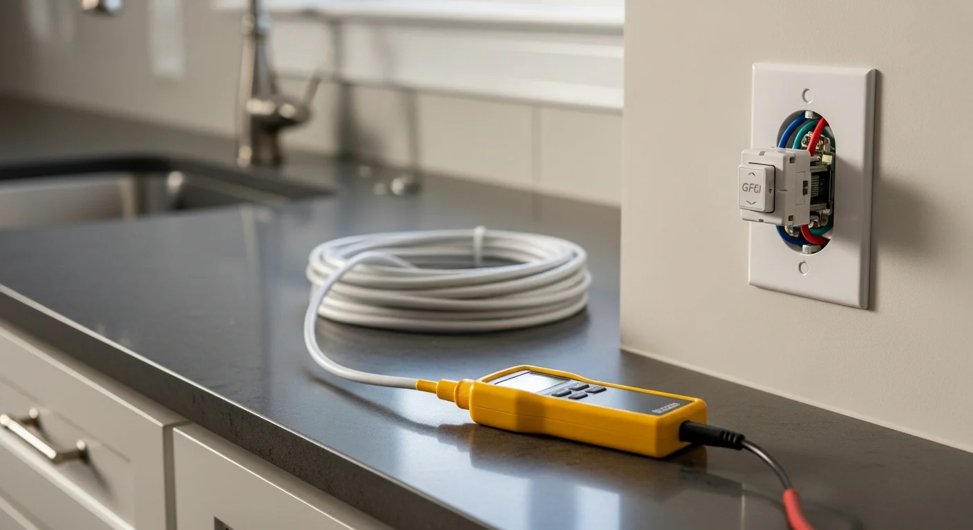 A licensed electrician from Reo-ServicePro, Inc installs a new GFCI outlet in a kitchen in Loudoun County, Virginia. The finished receptacle is mounted flush in a standard wall plate next to a countertop.
