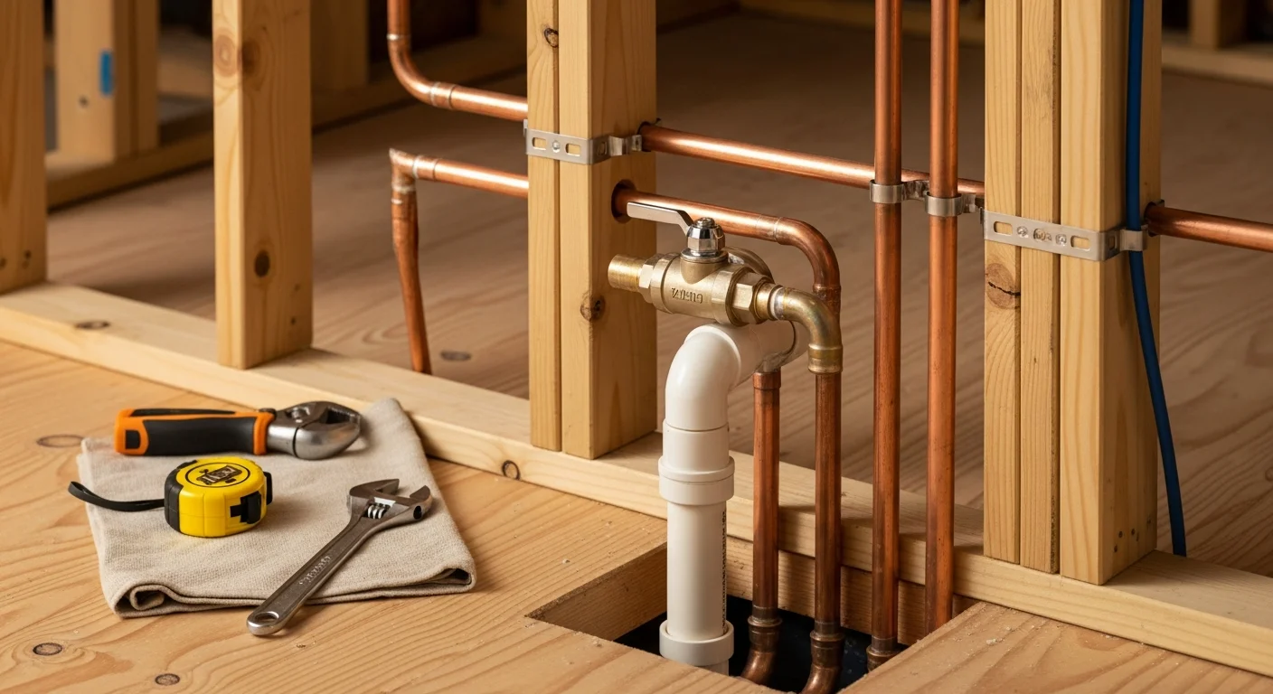 A licensed plumber from Reo-ServicePro, Inc installing supply and drain lines beneath a bathroom vanity in a Loudoun County home. Copper supply connections and PVC drain rough-in are visible against an unfinished wall during the installation phase.