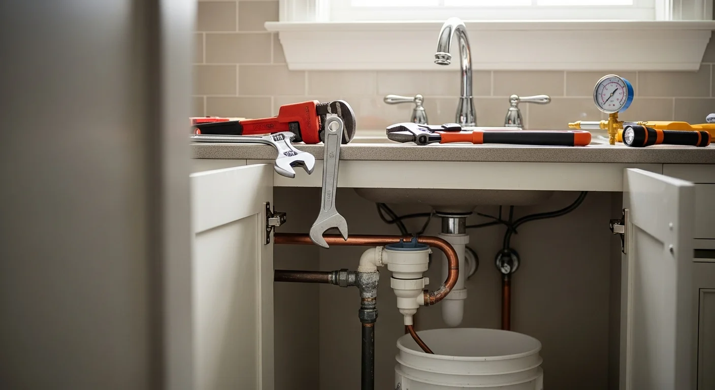 A licensed plumber repairing a leaking pipe under a kitchen sink in a single-family home in Loudoun County, Virginia. The work area shows exposed supply lines and a drain assembly being inspected and tightened.